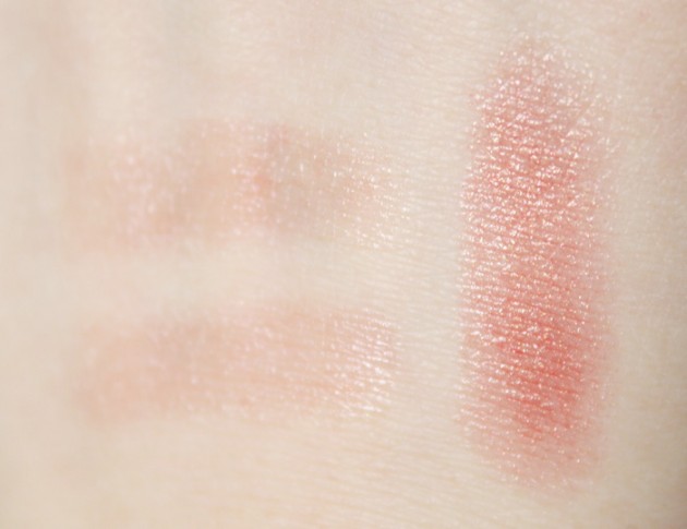 Burt's Bees Lip Shimmer swatches - Peony, Nutmeg Caramel.