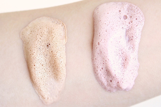 shu uemura UV mousse swatches review - beige, pink purple