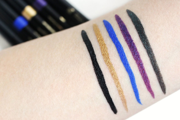 Lancome Artliner 24H swatches - Black Diamond, Gold, Sapphire, Amethyst, Emerald