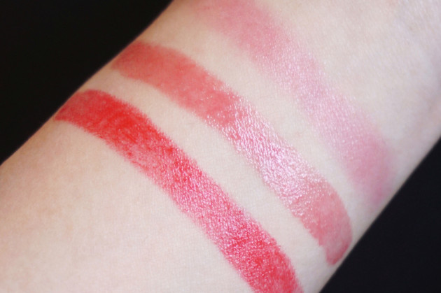 L'Occitane Pivoine Flora Rose Nude vs Fresh Cherry, Rose swatches comparison