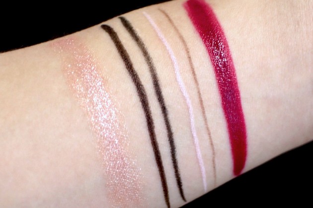 Pur Minerals Eye Polish Satin swatches, liner, brow, Mystic