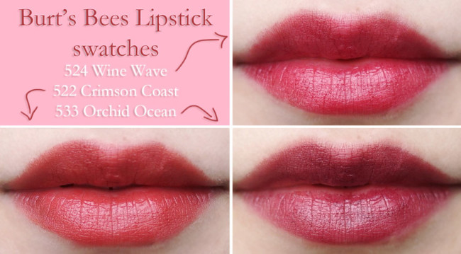 Burt's Bees lipstick swatches